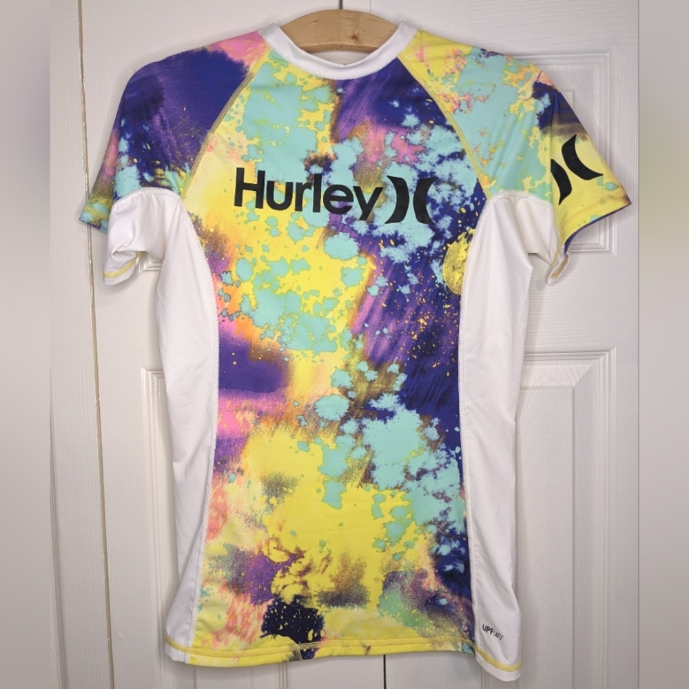 Hurley Womens Rash Guard Surf Splatter Tie Dye Colorful Watersports UPF40 Large
